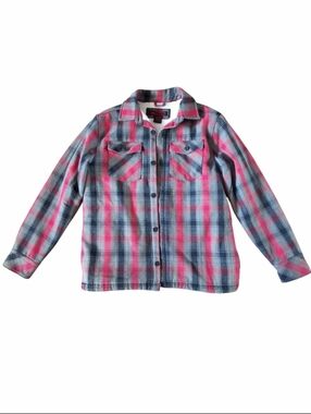 Men's Red And Grey Plaid Sherpa Button-Up Shirt Jacket